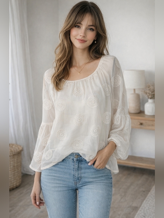 Knox Rose Tops - Knox Rose Ivory Sheer Embroidered Boho Blouse